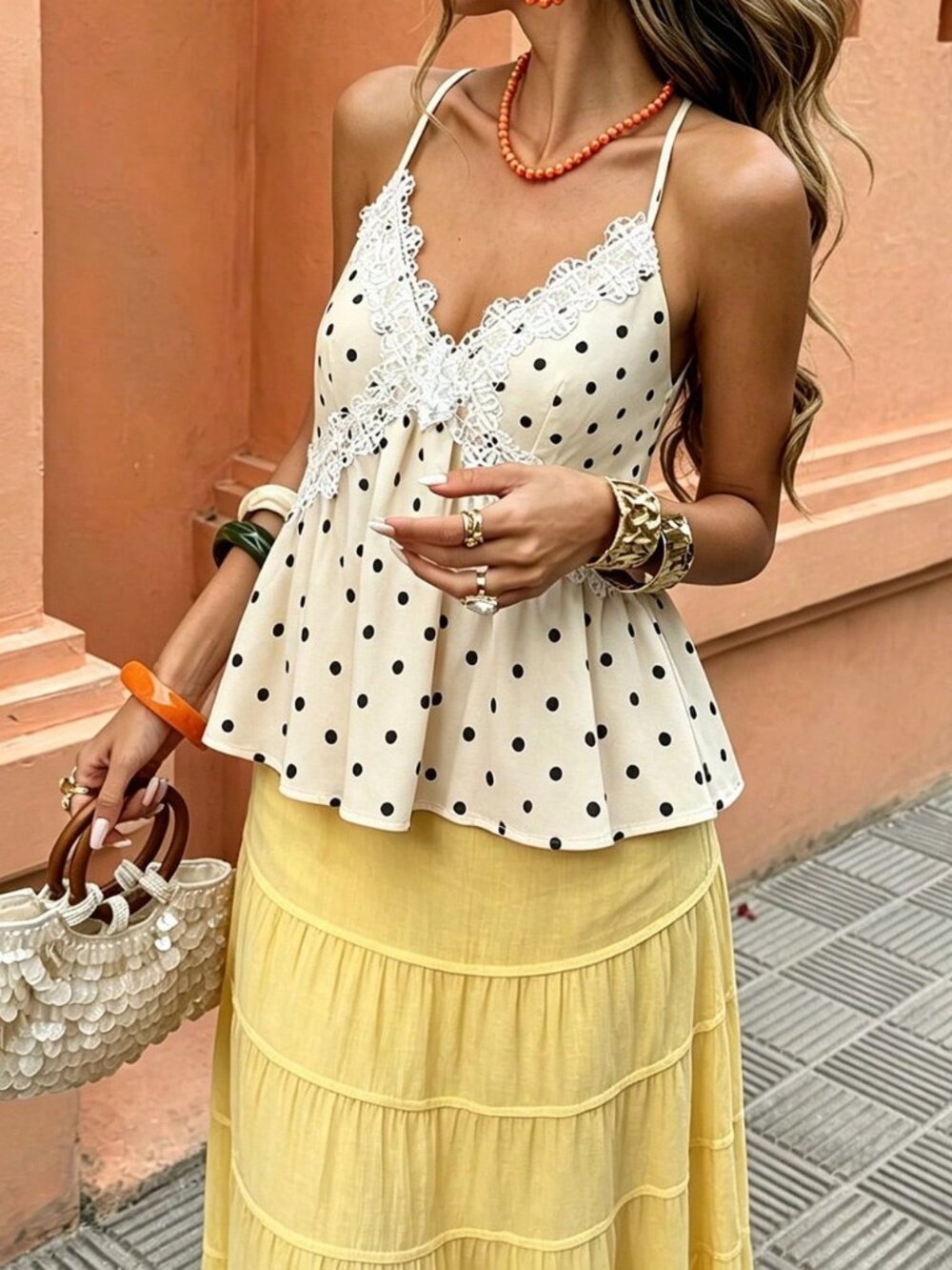 Multicolor Boho Women's Beach Lace Trim Polka Dot Camisole Vest - Picture 5 of 6